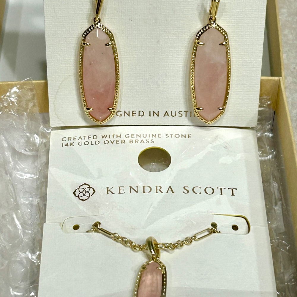 Kendra Scott Elisa Pendant Necklace, Eleanor Earring Set Rose Quartz NWT